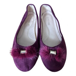 Burgundy Suede Rabbit Fur Pom Flats Comfort Twee Preppy Casual Unique Stylish